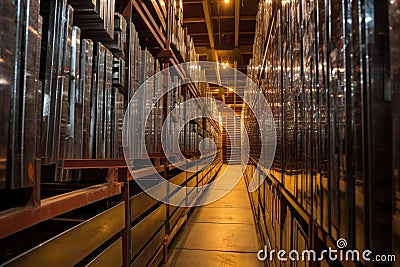 rows of shiny finished steel products in storage Stock Photo