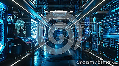 Rows of sleek and futuristic computers line the walls each one dedicated to the creation of a specific type of virtual Stock Photo