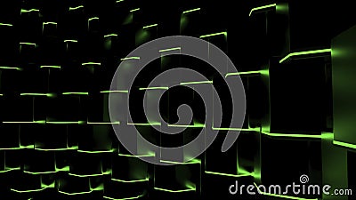 Rows of squares with neon lines are moving in stream. Motion. 3D cubes move in wave flow. Black squares with neon lines Stock Photo