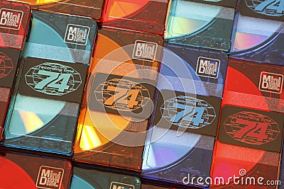 Rows of Stacked Colorful Audio Minidiscs Close Up Editorial Stock Photo