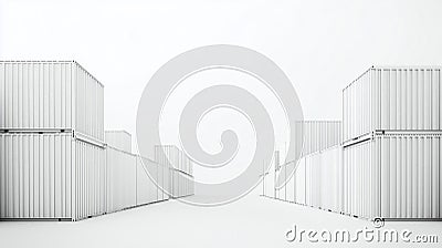 Rows of stacked white shipping containers form a corridor-like passage, creating a symmetrical perspective Stock Photo