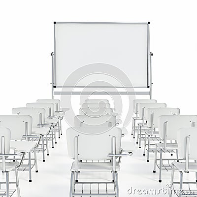 Rows of student desks and whiteboard isolated on white background. 3D illustration Cartoon Illustration
