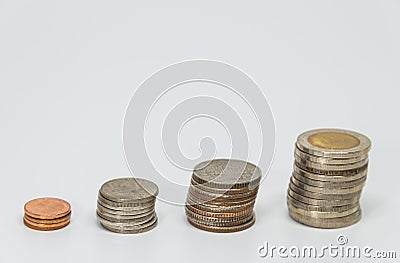 Rows of Thai baht coins for finance and banking concept with white background and selective focus Stock Photo