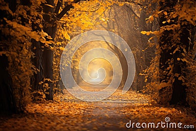 Rows of trees lining long empty park path or footpath in the autumn Stock Photo