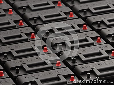 Rows of 12V car batteries Stock Photo