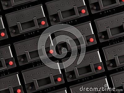 Rows of 12V car batteries Stock Photo