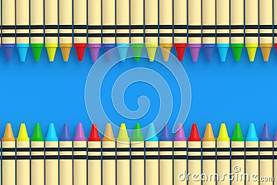 Rows of wax crayons on blue background. Colorful pencils. Back to school concept. Preschool education Stock Photo