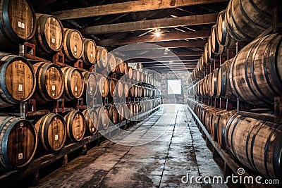 rows of whiskey barrels aging in oak casks Stock Photo