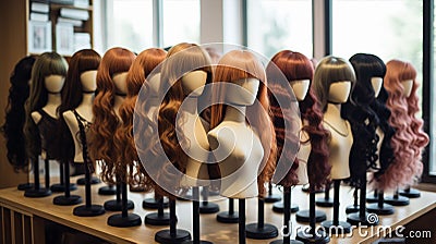 rows of wigs on mannequin heads for display Stock Photo