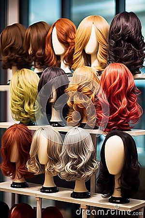 rows of wigs on mannequin heads for display Stock Photo