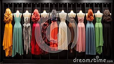 Rows of wigs on mannequins wearing party dresses Stock Photo