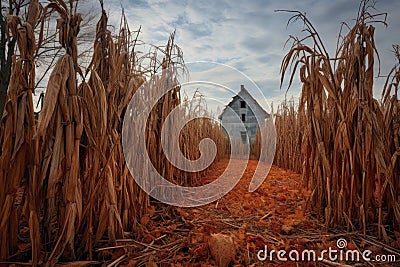 rows of withered corn stalks in a forgotten field Stock Photo