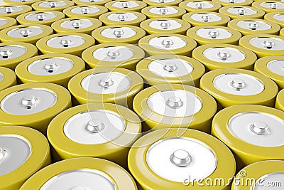 Rows of yellow alkaline batteries Stock Photo