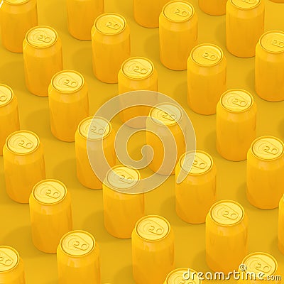 Rows of Yellow Isometric Blank Aluminum Drink Cans. 3d Rendering Stock Photo