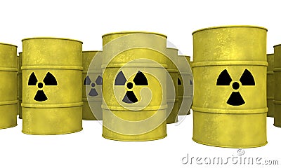 Rows of yellow nuclear waste barrel Stock Photo