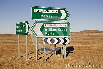 Roxby Downs Woomera, Maree and William Creek Marla signposts in the Australian outback Stock Photo