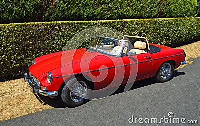 Classic Red MG Open Top Sports Car Parked by hedge. Editorial Stock Photo