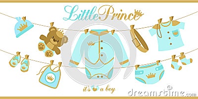 Royal baby boy shower card. Baby clothes hanging on a rope Vector Illustration