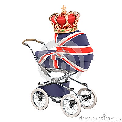 Royal baby concept. Baby stroller with Britain flag texture and golden crown. 3D rendering Stock Photo