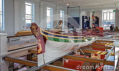 The royal barge which took Lord Nelson`s coffin from Greenwich to St Paul`s Cathedral on display in Portsmouth Dockyard, Hampshire Editorial Stock Photo