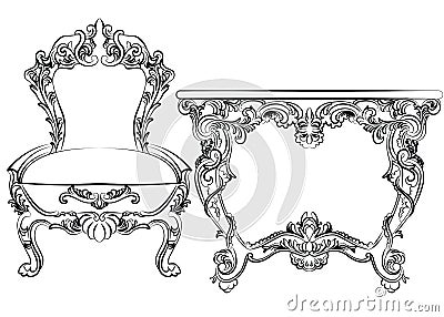 Royal Baroque Vector Classic furniture set chair and table Vector Illustration