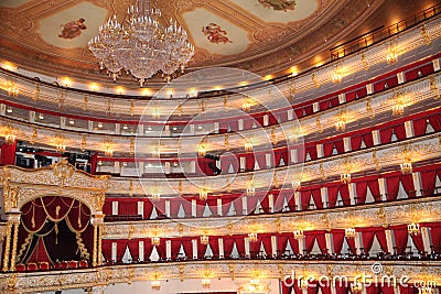 Royal bed and chandelier in the hall of the Bolshoi theatre. Historical scene. Moscow. 26.04.2018 Stock Photo