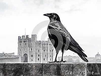 Ai Generated illustration Wildlife Concept of Royal black raven isolated on white background Tower of London - UK Cartoon Illustration