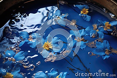 royal blue bathwater with floating flower petals Stock Photo