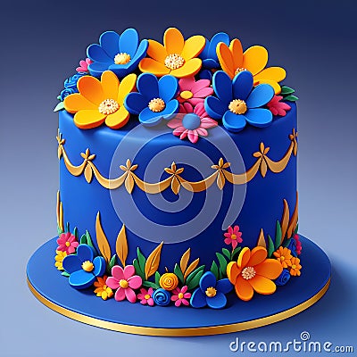 Royal blue fondant cake with flowers Stock Photo