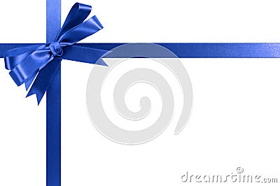 Royal blue gift ribbon bow horizontal corner border isolated on white Stock Photo