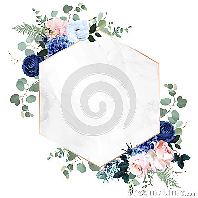 Royal blue, navy garden rose, blush pink hydrangea flowers, anemone, thistle, eucalyptus Vector Illustration