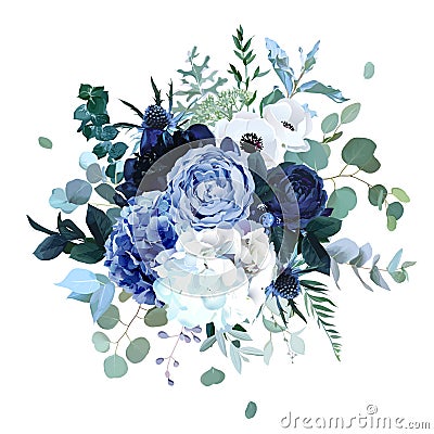 Royal blue, navy garden rose, white hydrangea flowers, anemone, thistle Vector Illustration