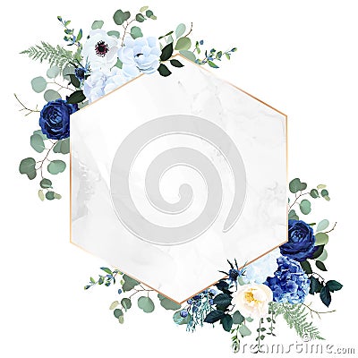 Royal blue, navy garden rose, white hydrangea flowers, anemone, thistle, eucalyptus Vector Illustration