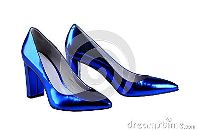 Royal blue women`s patent leather shoes, isolated on white Stock Photo