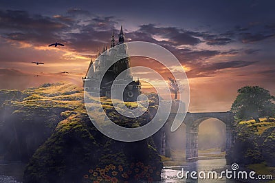 A royal castle on a fantasy hill connected by an old medieval bridge that flows the river below and sunlight begins to set and bir Stock Photo