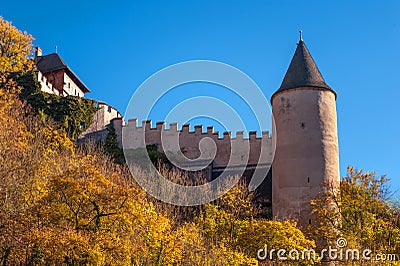 Karlstein castle wall and tower in autumn time Stock Photo