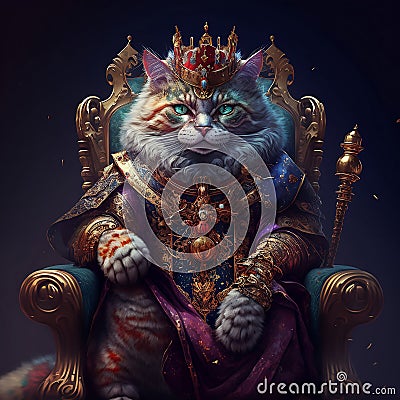 The Royal cat with luxury dress costume. Close up Portrait King cat with throne and crown. Generative AI Stock Photo