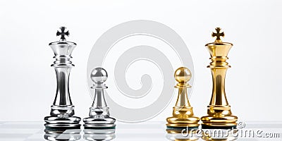 Royal Chess Battle An Intense Faceoff Between Silver And Gold Queen Chess Pieces Set Against A White Stock Photo