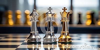 Royal Chess Showdown A Dramatic Confrontation Between Silver And Gold Queen Chess Pieces Each Vying Stock Photo
