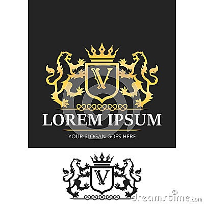 Royal Crest Logo Lion Letter V Heraldic symbol Vector Illustration