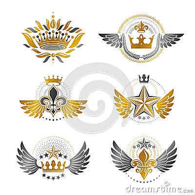 Royal Crowns and Ancient Stars emblems set. Heraldic Coat of Arm Vector Illustration