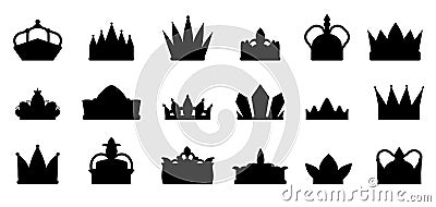Royal crowns black icons. Winner crown, knight queen or king coronation symbols. Tiara silhouettes, prince princess flat Vector Illustration