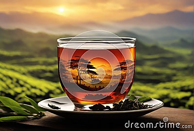 Royal Cup of green tea with green tea farming background Stock Photo