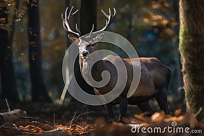 A royal deer with big antlers in the woods. AI generated Cartoon Illustration