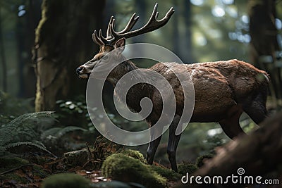 A royal deer with big antlers in the woods. AI generated Cartoon Illustration