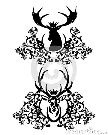 Royal deer stag with crown and rose flowers vector heraldic decor set Vector Illustration