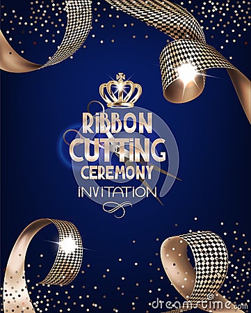 Royal design banner with gold curly silk ribbons and blue background. Ribbon cutting ceremony. Vector Illustration