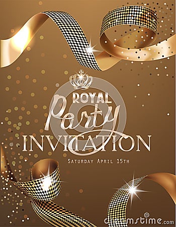 Royal design banner with gold curly silk ribbons and gold background. Ribbon cutting ceremony. Vector Illustration