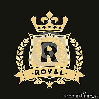 Royal design logo with shield, crown, laurel wreath and ribbon. Luxury logotype template for company with royalty coat of arms. Vector Illustration