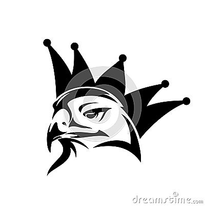 Royal eagle or hawk bird and king crown silhouette black and white vector portrait Vector Illustration